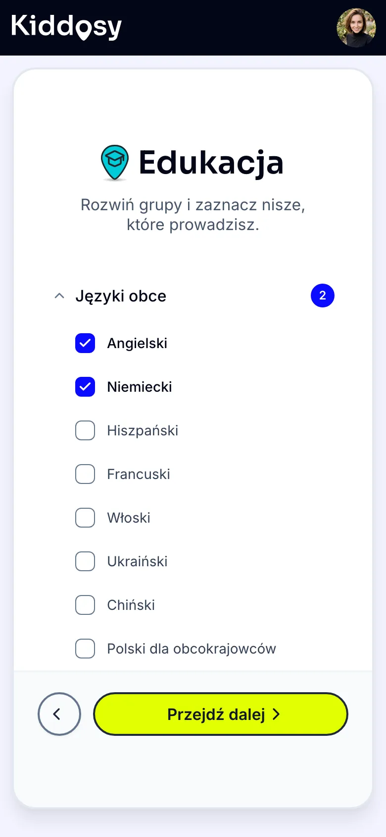 Aplikacja Kiddosy: wybór podkategorii zajęć