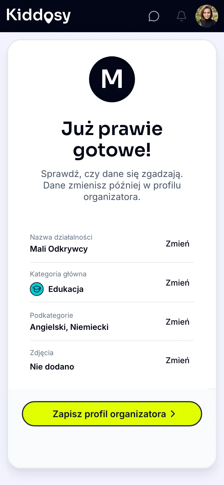 Aplikacja Kiddosy: podsumowanie profilu organizatora