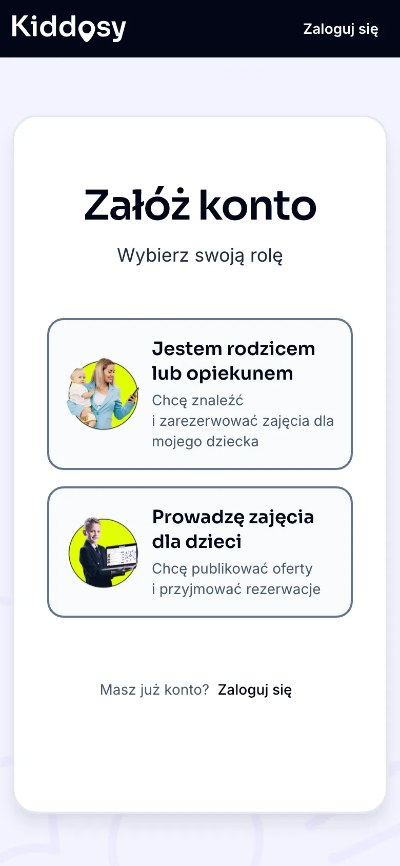 Aplikacja Kiddosy: wybór roli — rodzic albo organizator zajęć